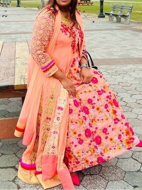 Ethnic Indian Wear Peach and Pink Floral Maxi Anarkali Dress